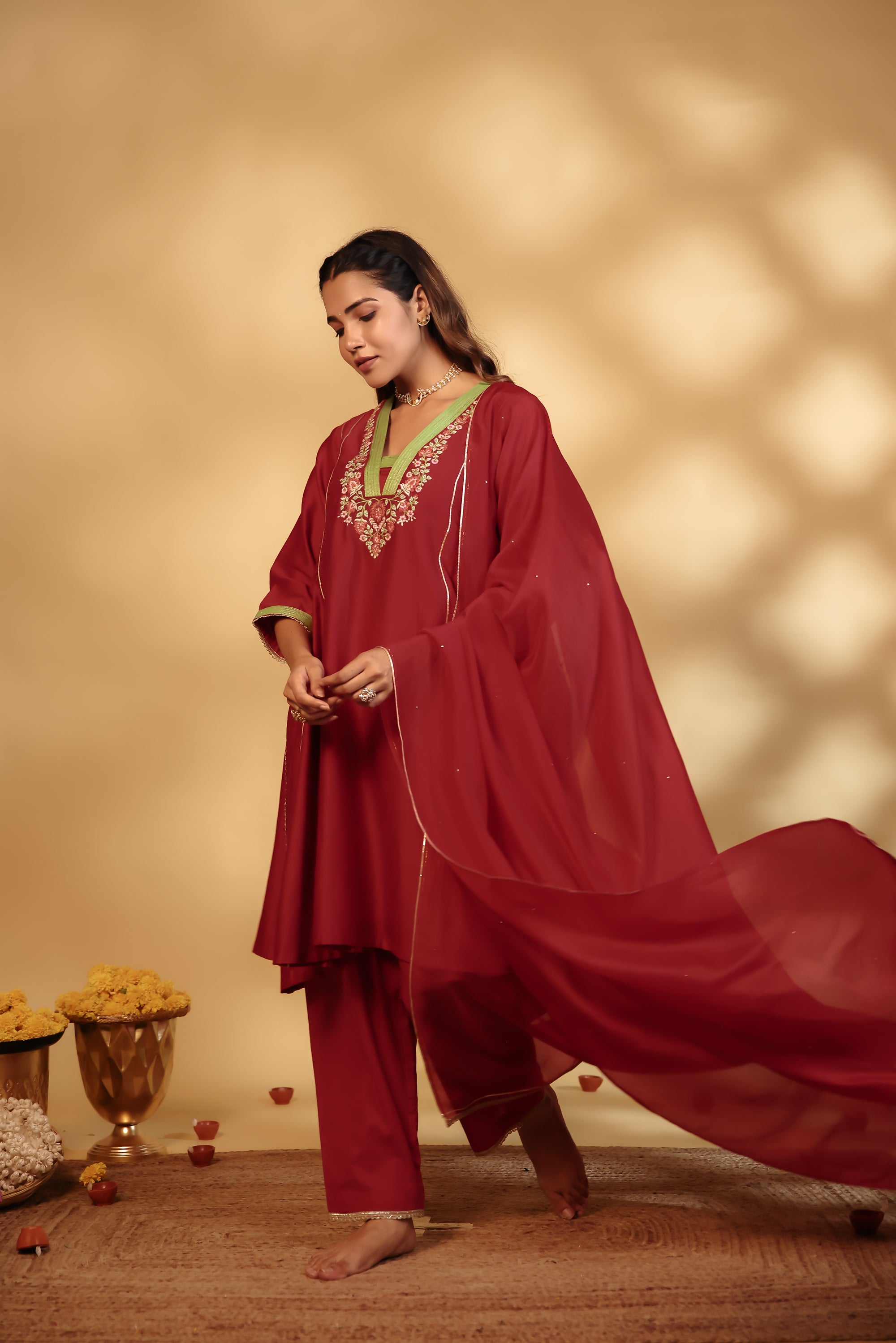 Red Chanderi Hand-Embroidered Suit Set
