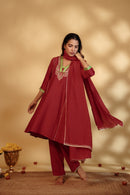 Red Chanderi Hand-Embroidered Suit Set