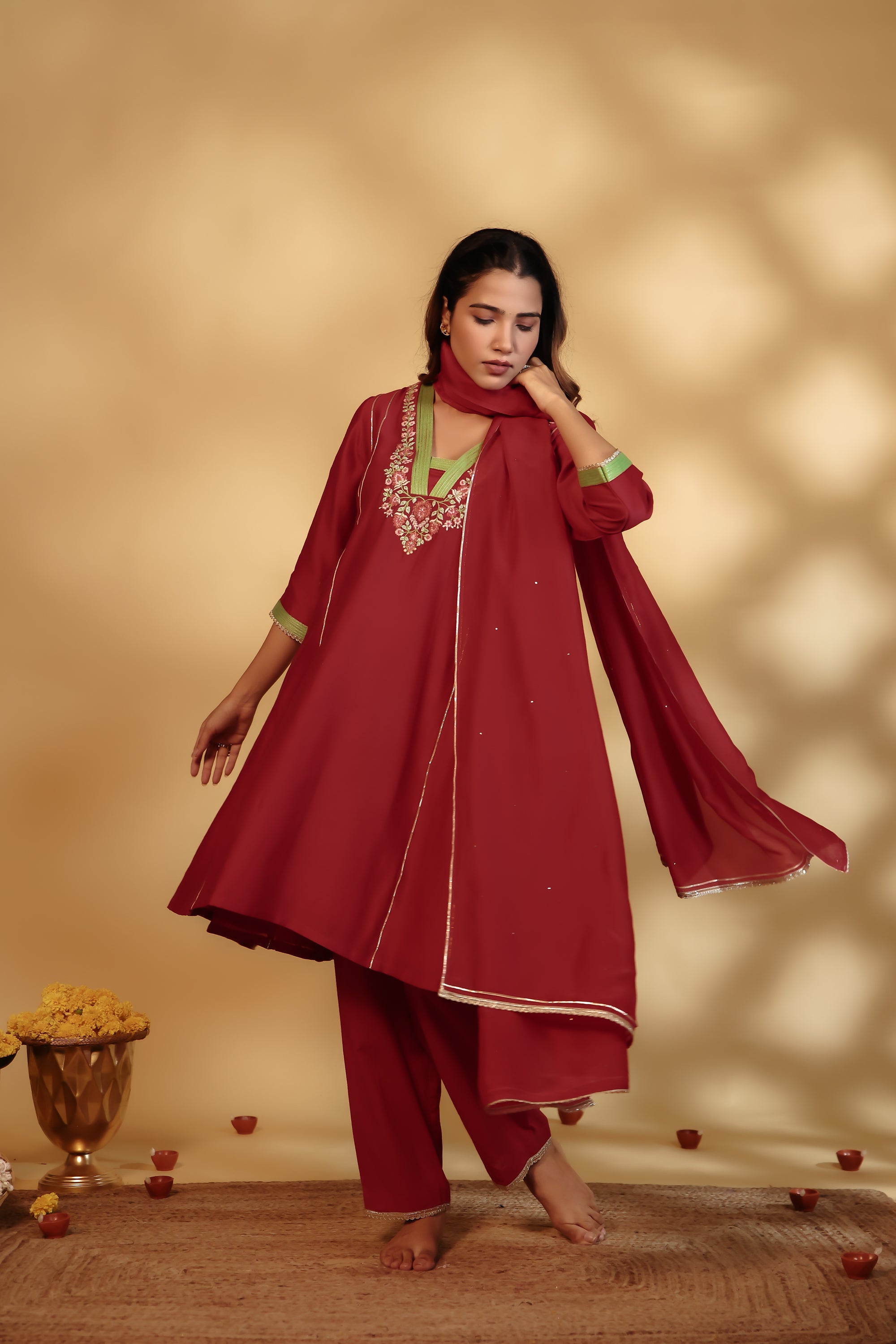 Red Chanderi Hand-Embroidered Suit Set