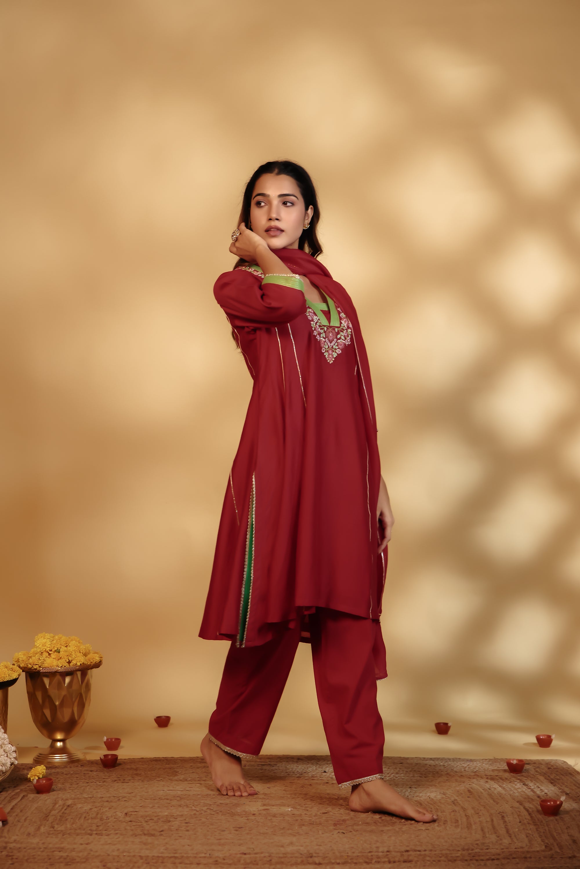 Red Chanderi Hand-Embroidered Suit Set