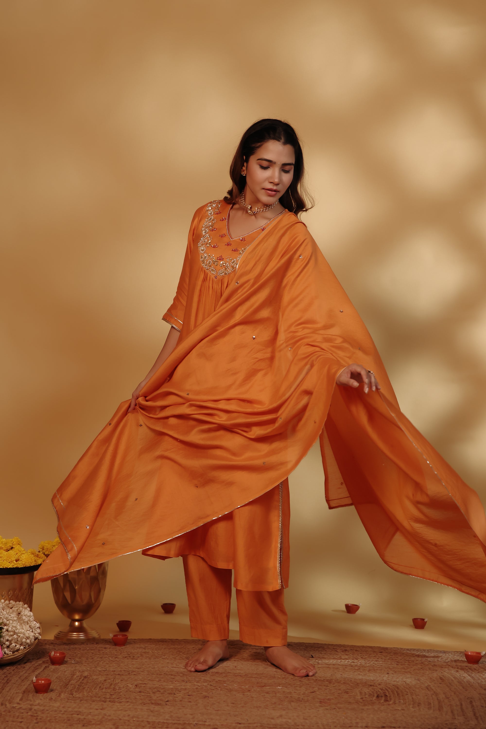 Orange Chanderi Hand Embroidered Suit Set