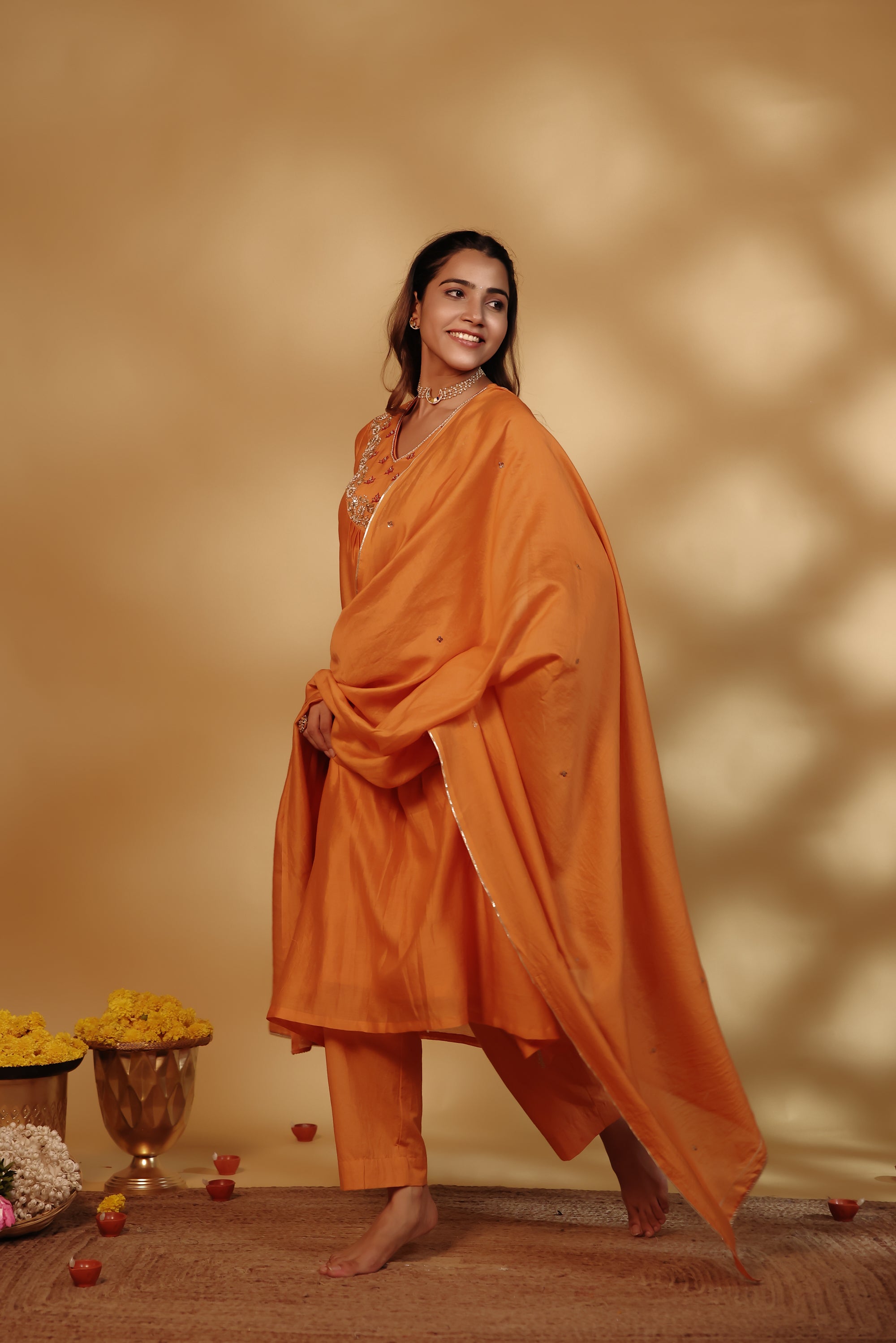 Orange Chanderi Hand Embroidered Suit Set