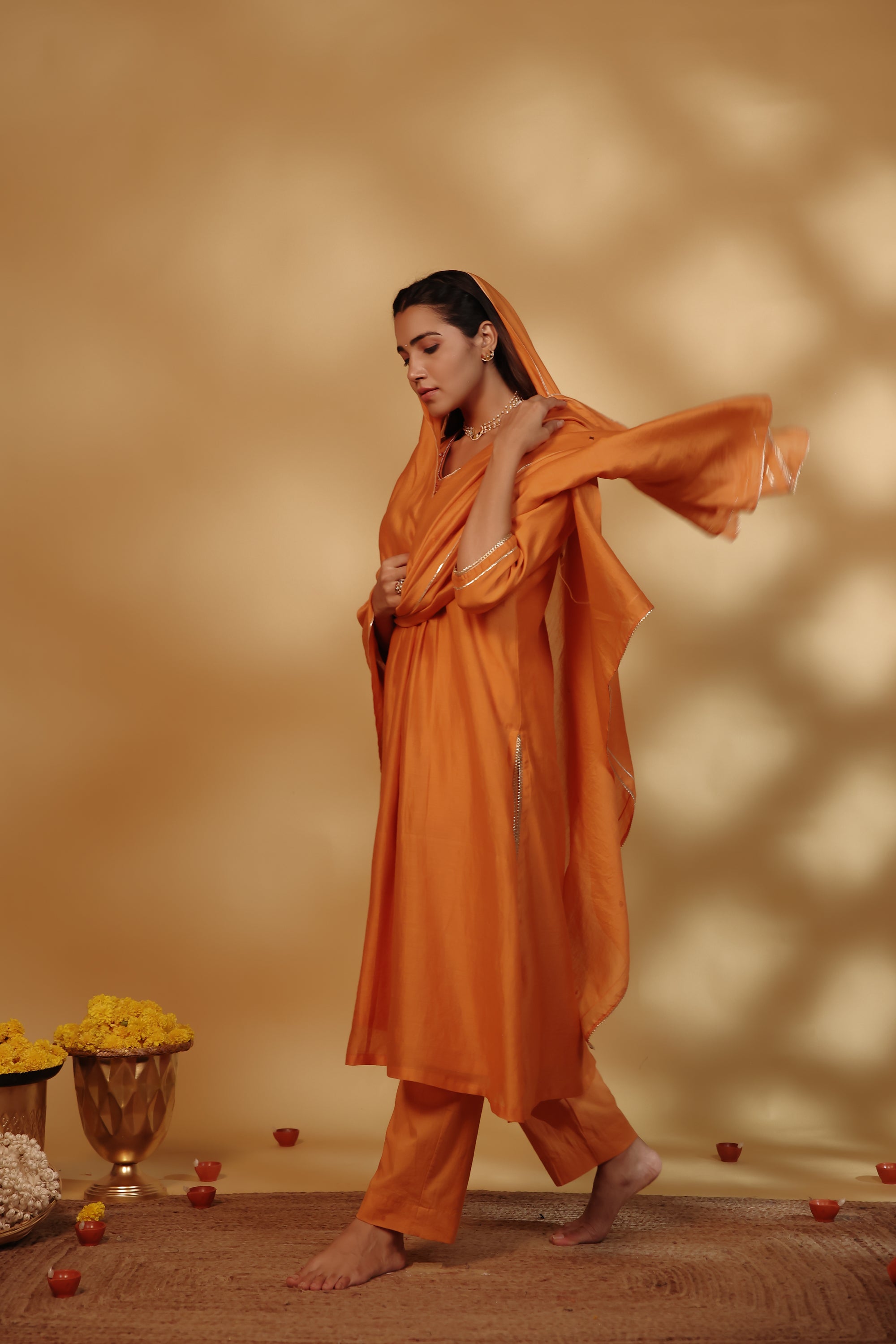 Orange Chanderi Hand Embroidered Suit Set