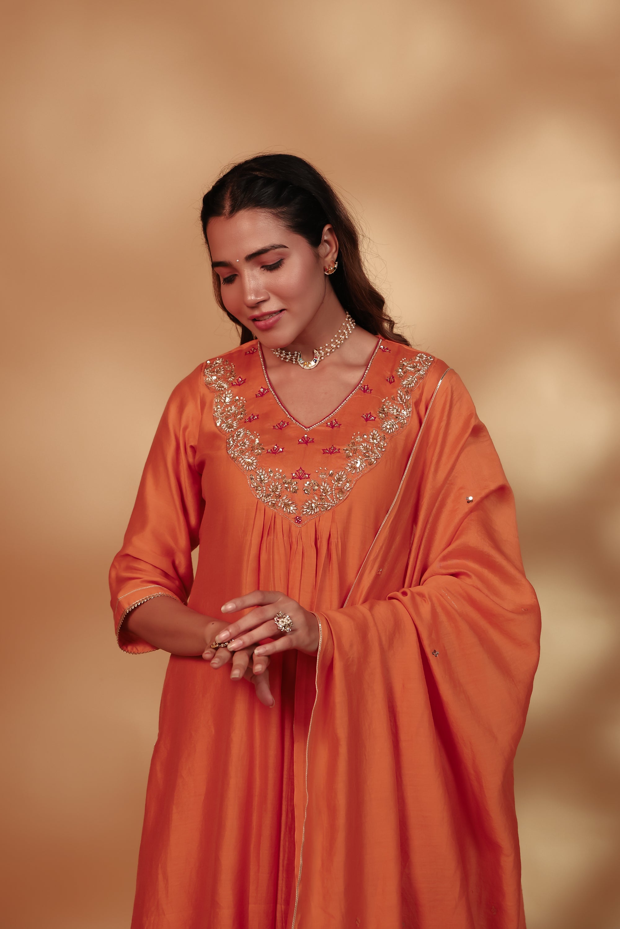 Orange Chanderi Hand Embroidered Suit Set