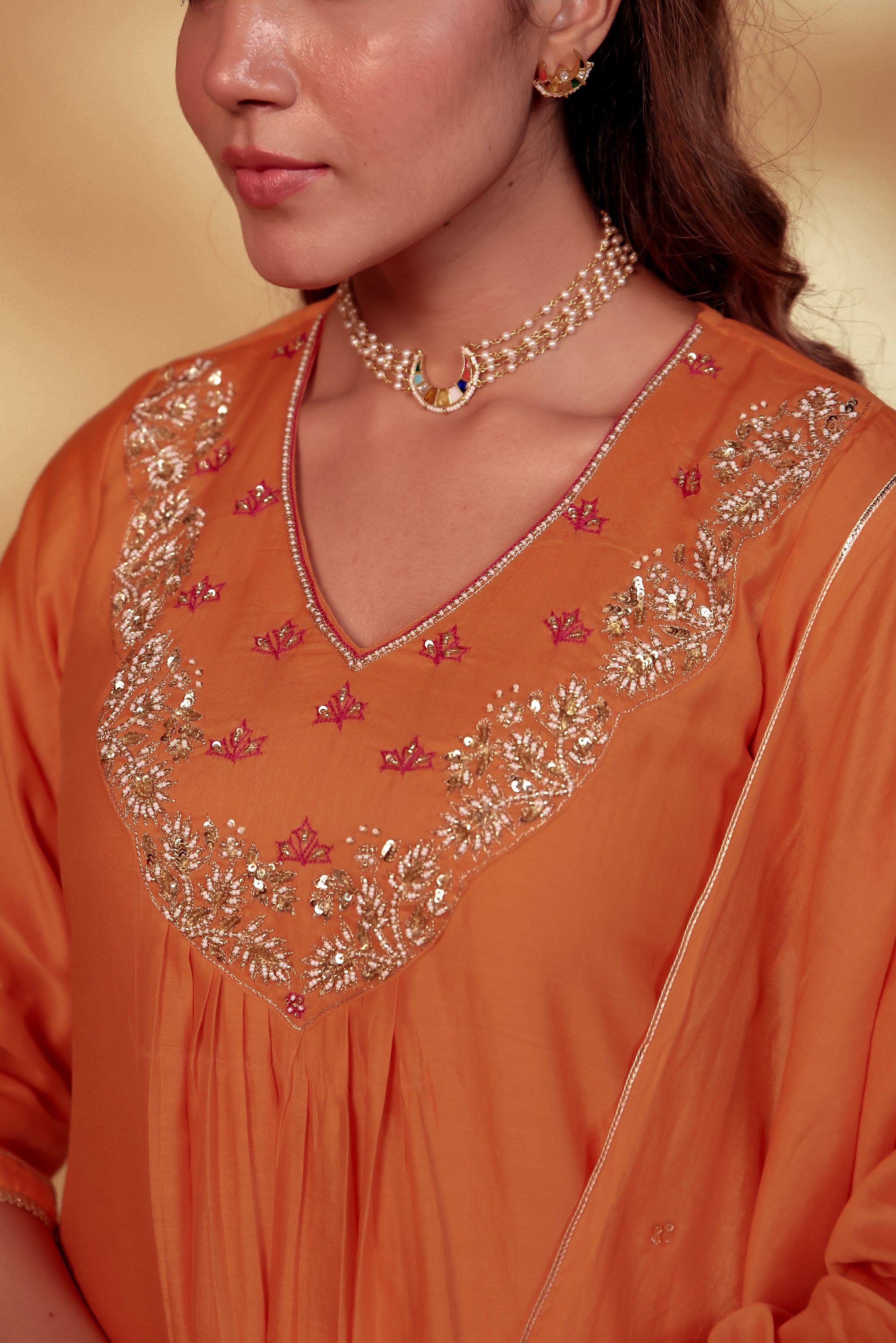 Orange Chanderi Hand Embroidered Suit Set