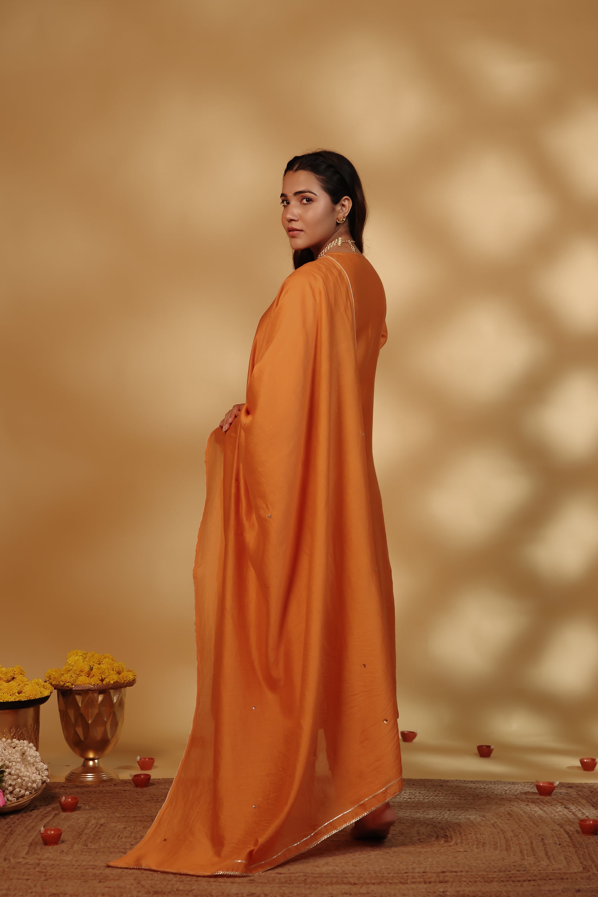 Orange Chanderi Hand Embroidered Suit Set