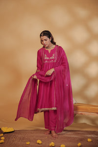 Rani Pink Hand-Embroidered Chanderi Suit Set
