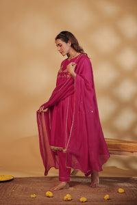 Rani Pink Hand-Embroidered Chanderi Suit Set
