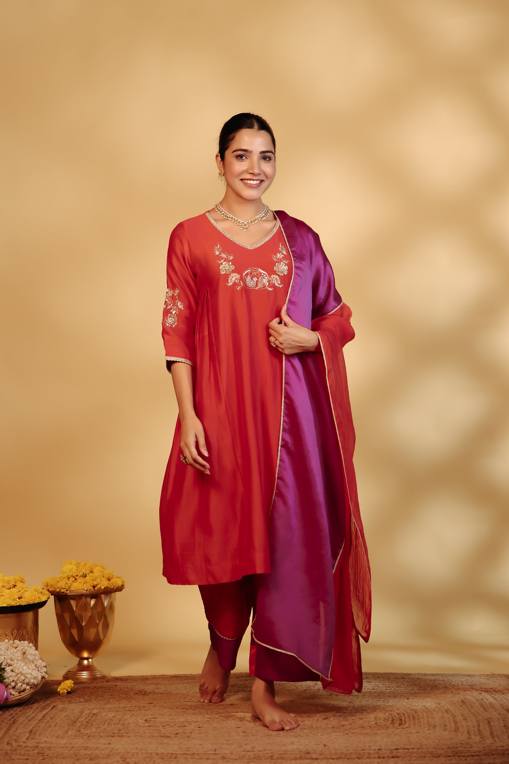 Coral Hand-Embroidered Chanderi Suit Set