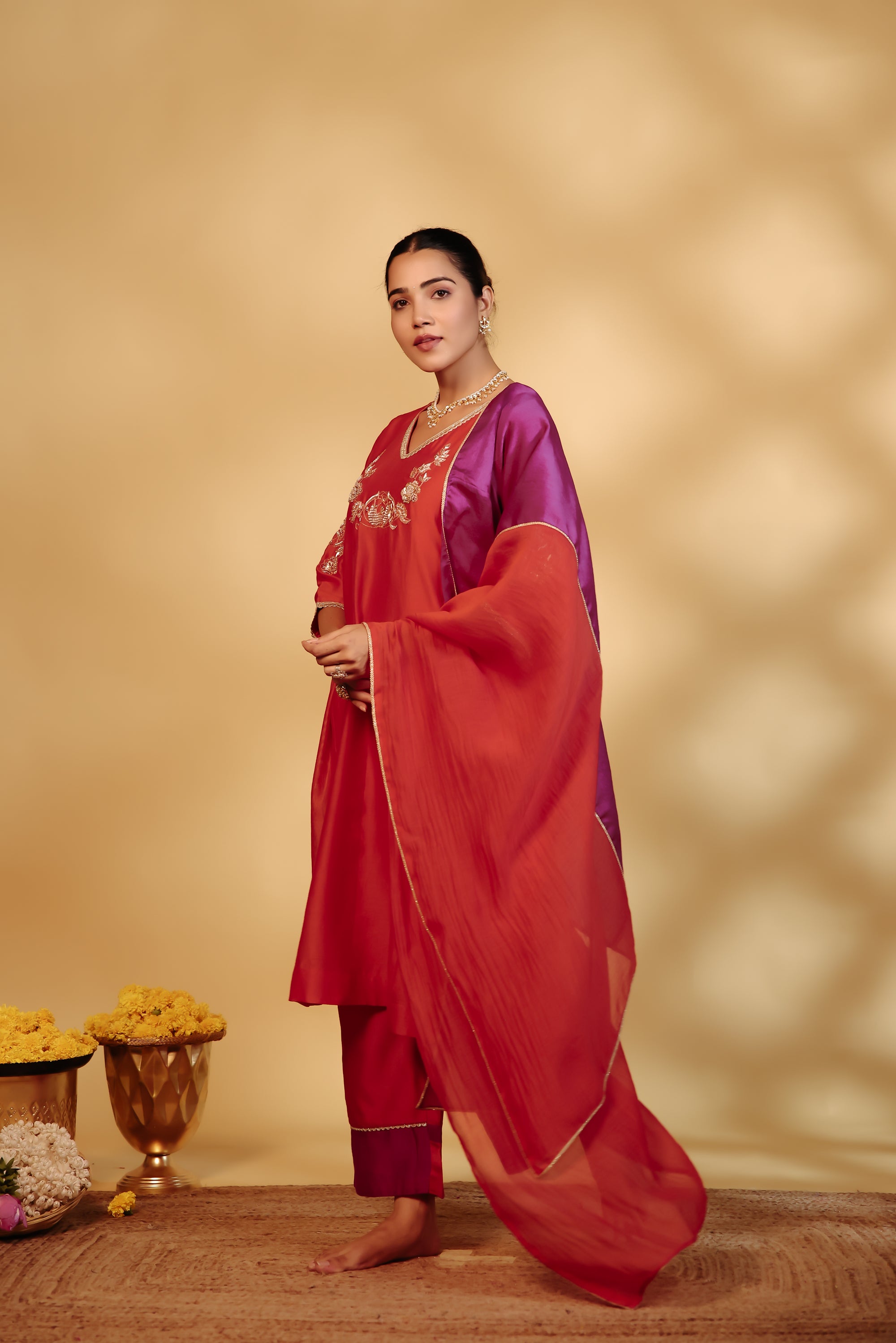 Coral Hand-Embroidered Chanderi Suit Set