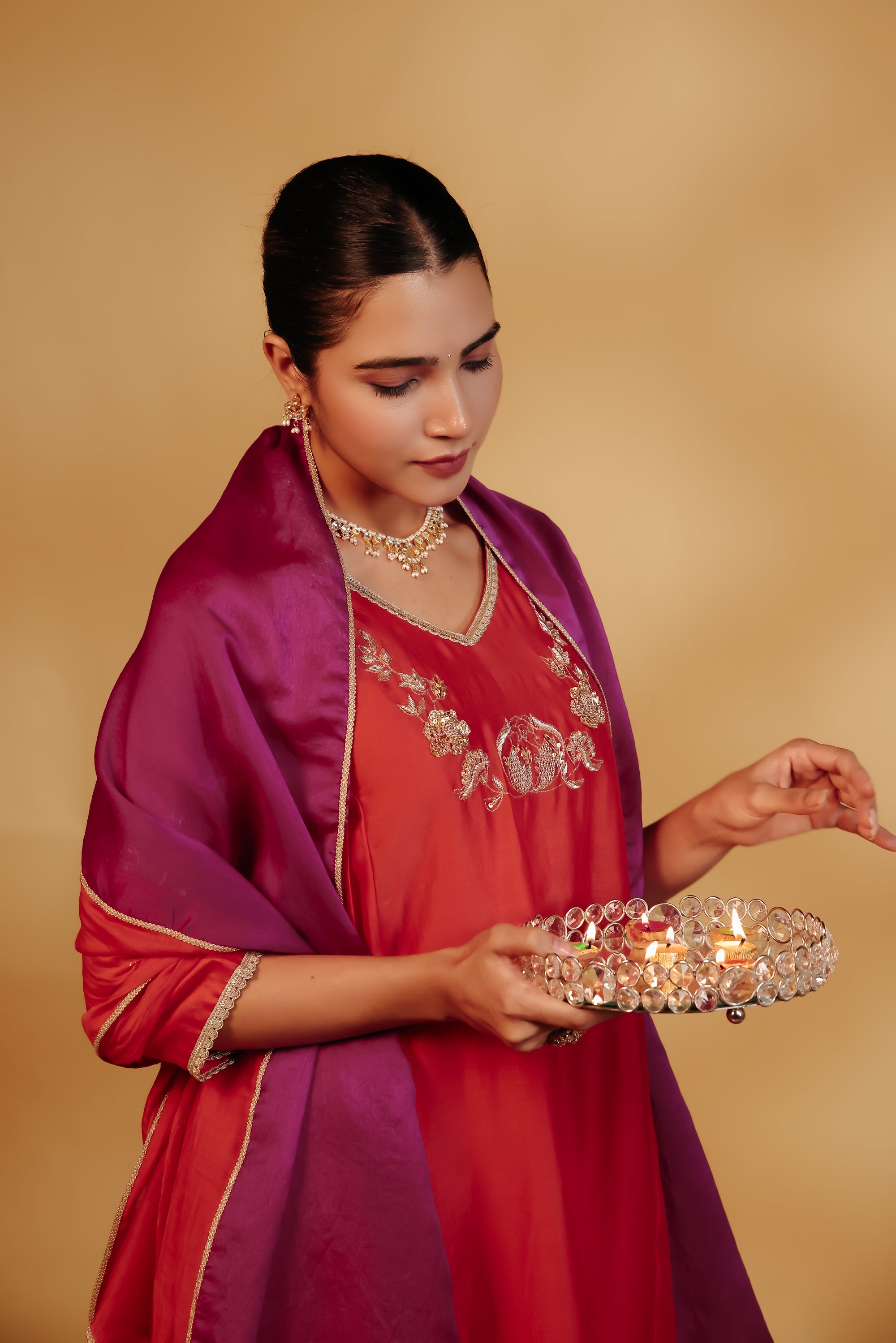 Coral Hand-Embroidered Chanderi Suit Set