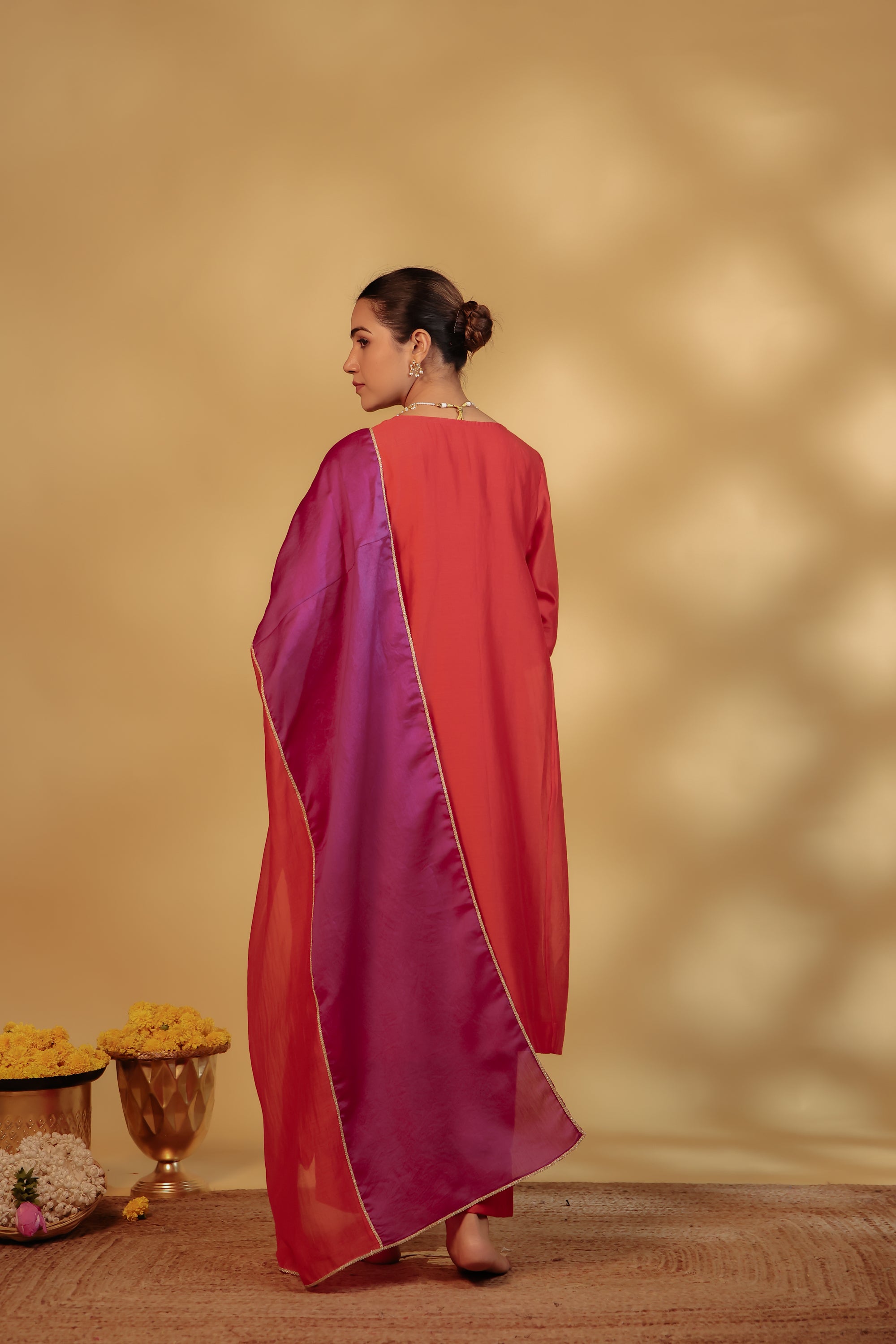 Coral Hand-Embroidered Chanderi Suit Set