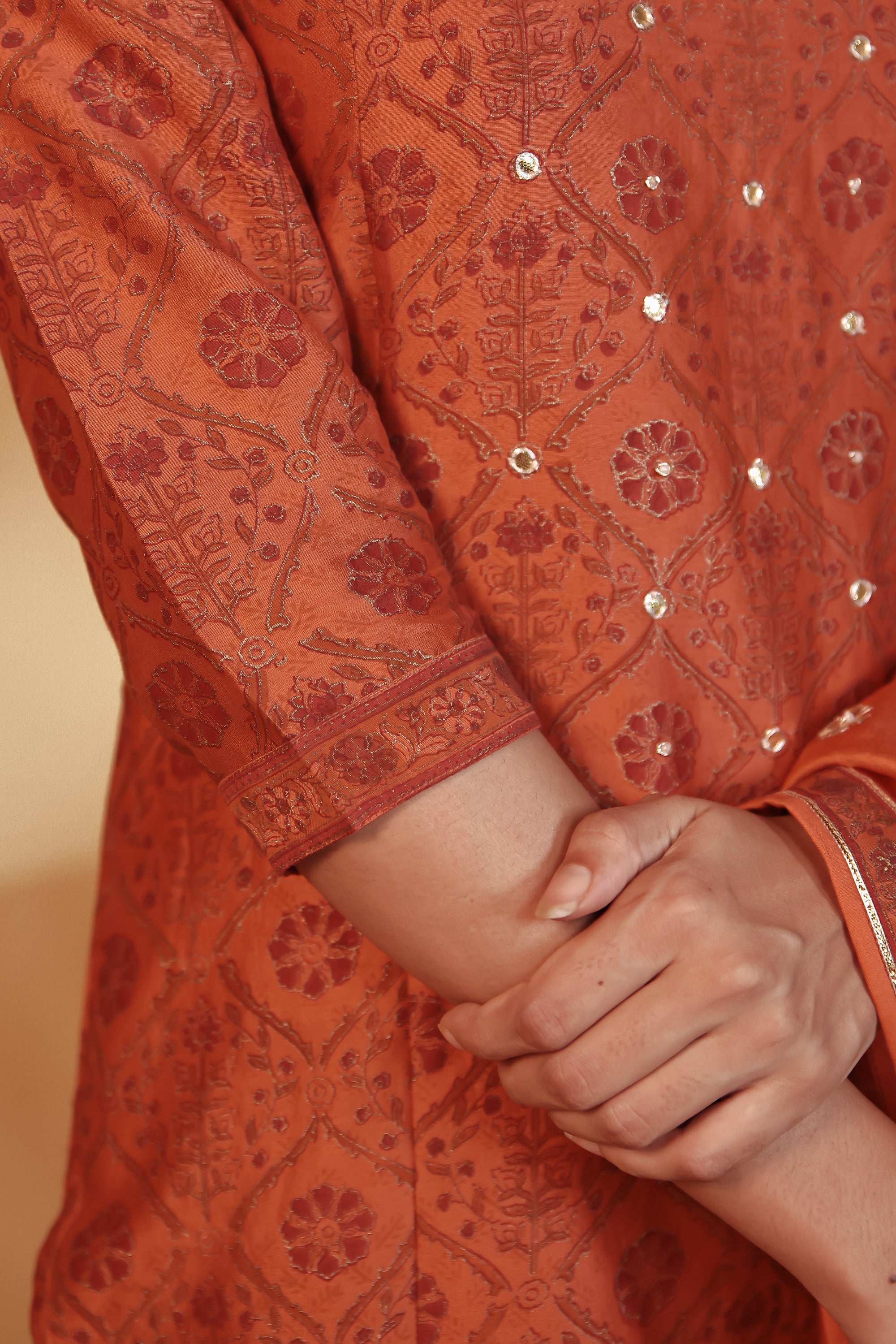 Rust Hand Embroidery Chanderi Suit Set