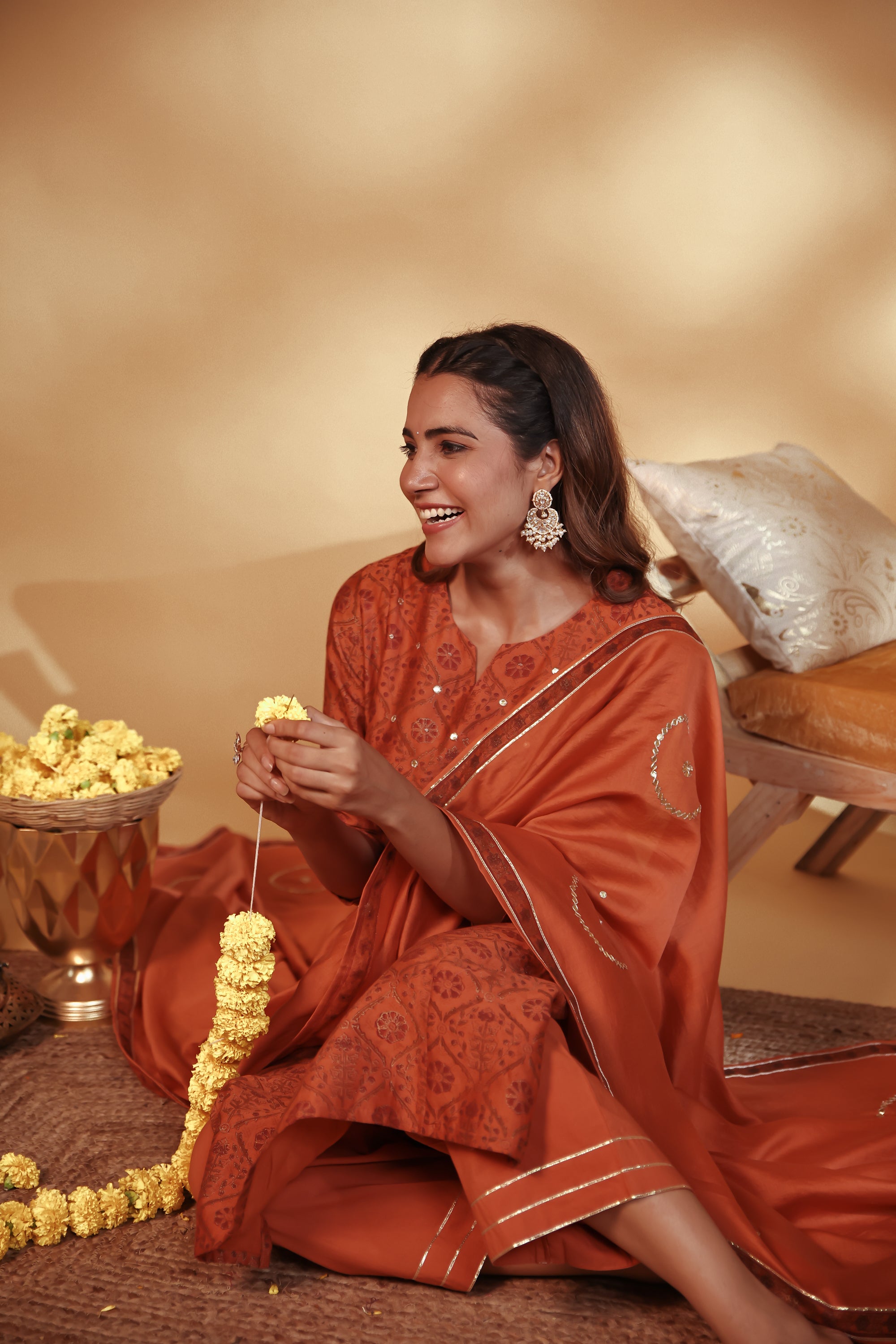 Rust Hand Embroidery Chanderi Suit Set