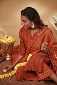 Rust Hand Embroidery Chanderi Suit Set