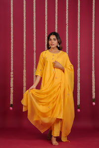 Mango Yellow Chanderi Hand-Embroidered Suit Set