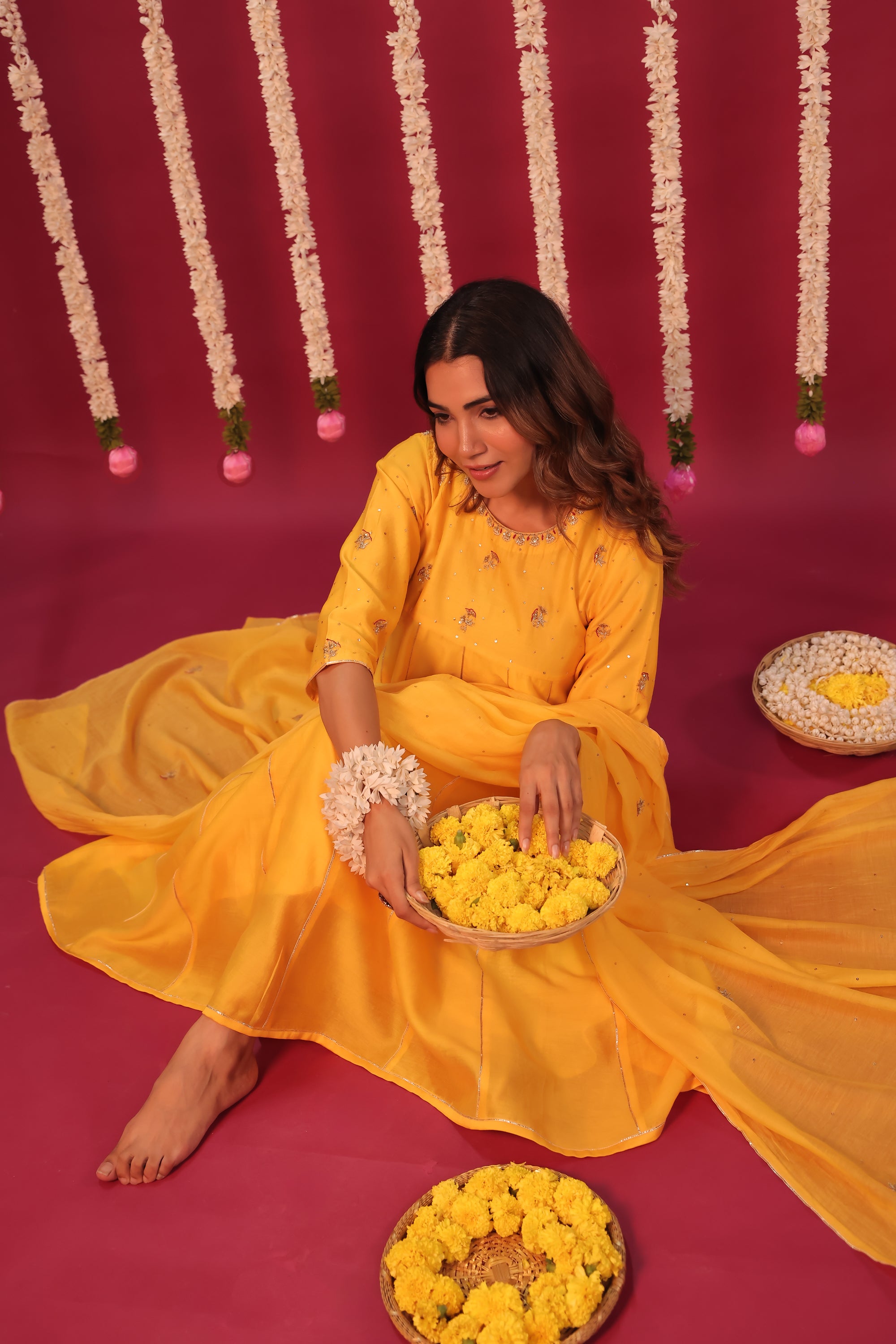 Mango Yellow Chanderi Hand-Embroidered Suit Set