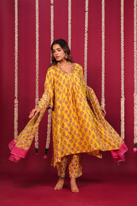 Haldi Yellow Hand-Block Embroidered Maslin Suit Set