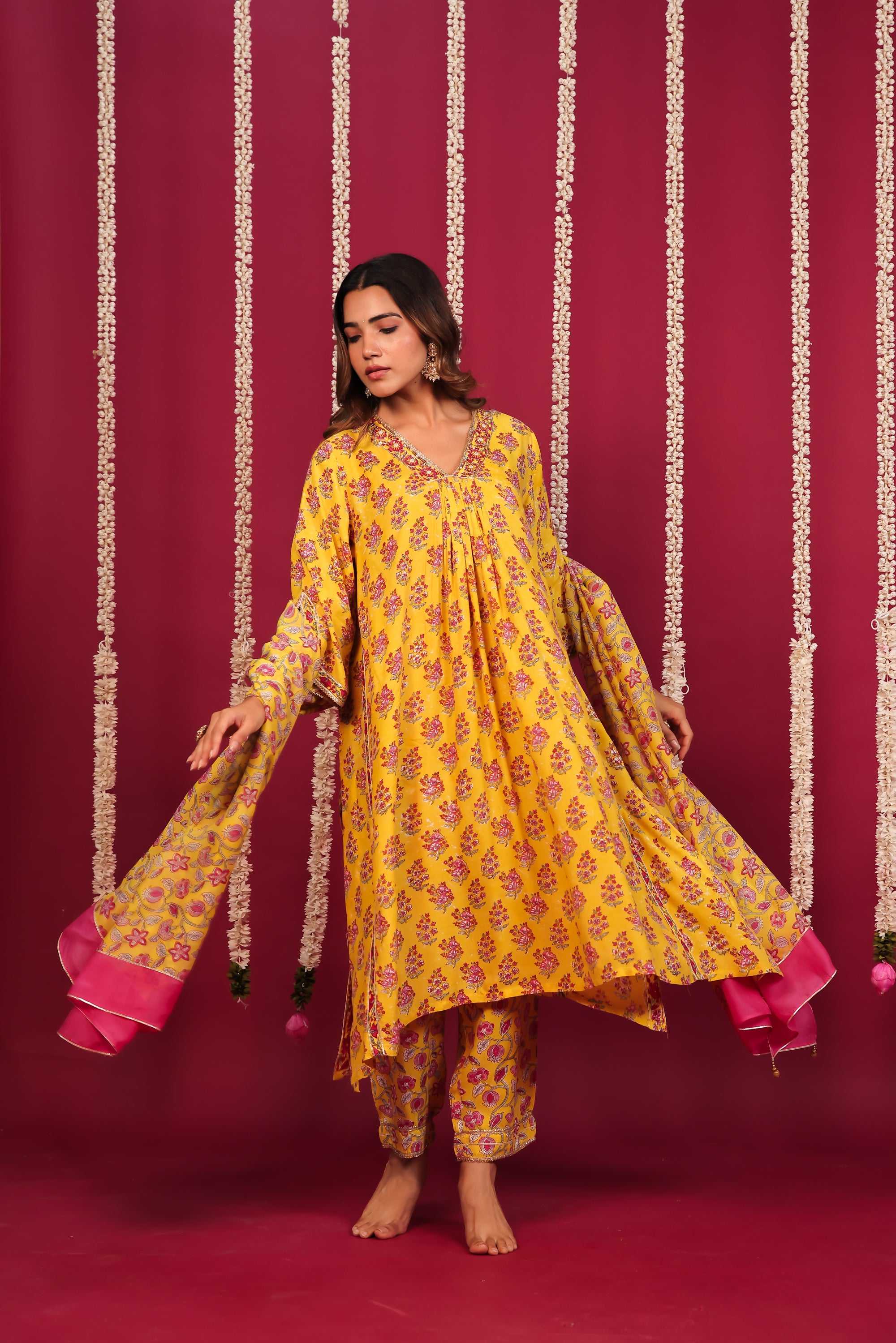 Haldi Yellow Hand-Block Embroidered Maslin Suit Set