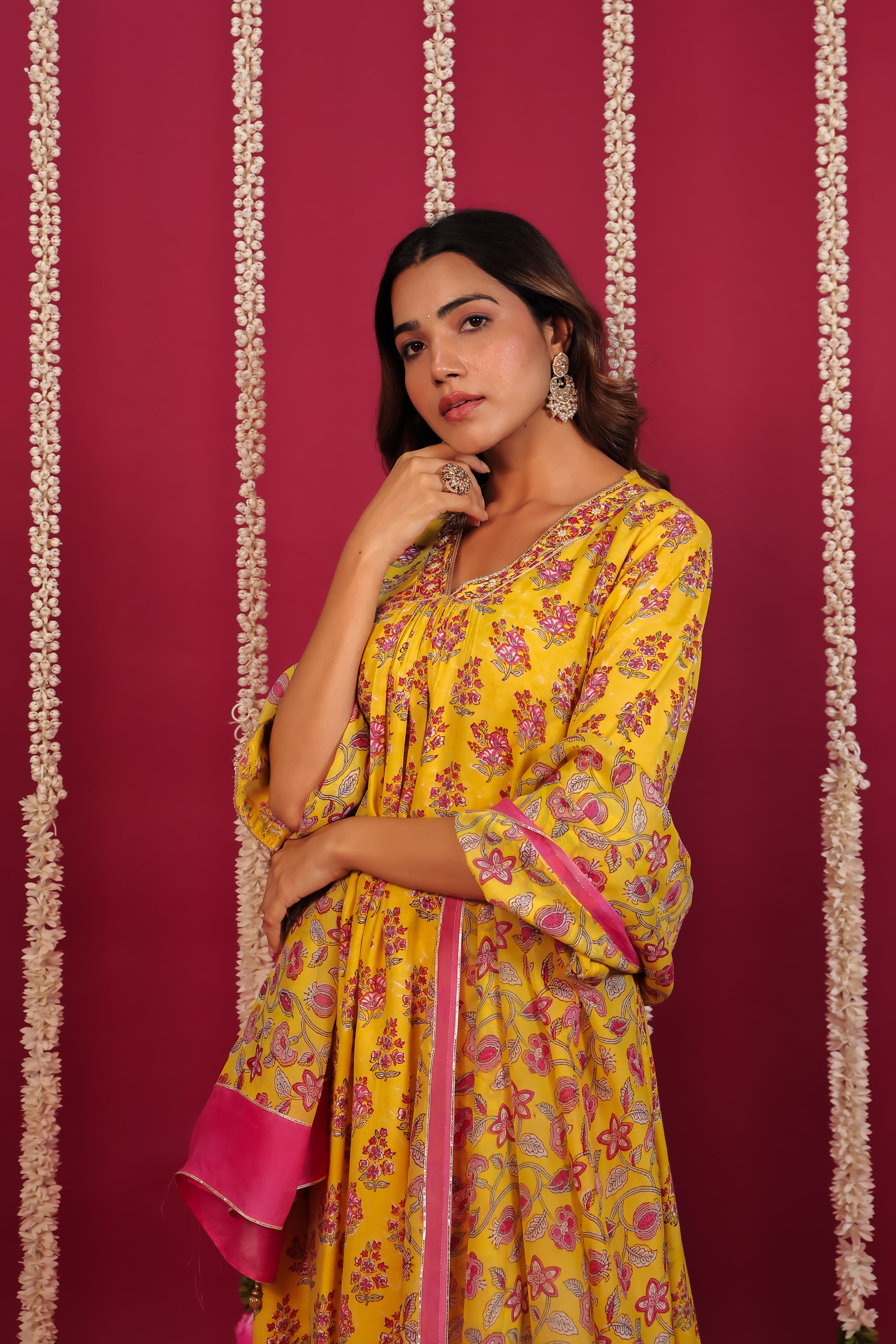 Haldi Yellow Hand-Block Embroidered Maslin Suit Set