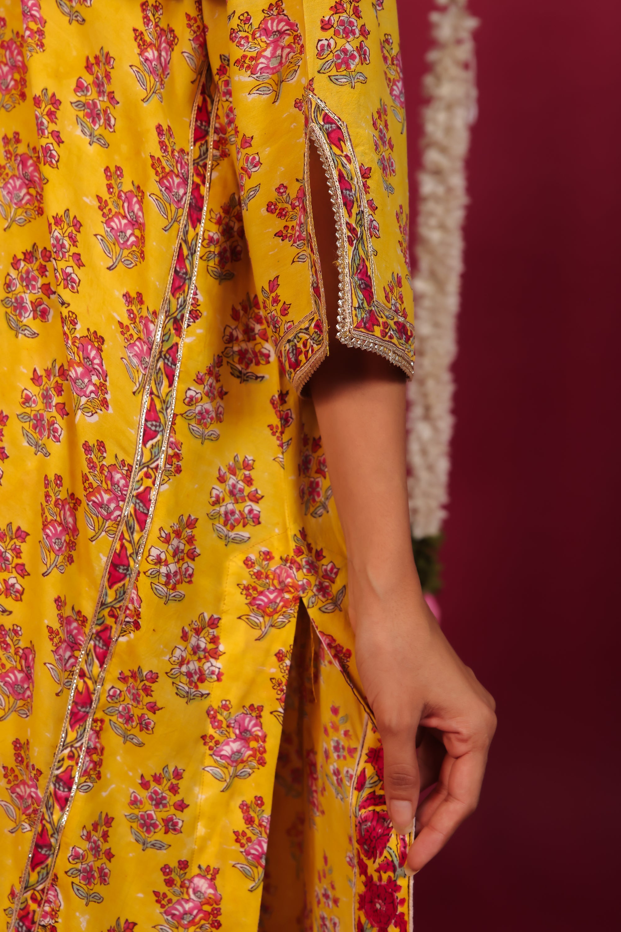 Haldi Yellow Hand-Block Embroidered Maslin Suit Set