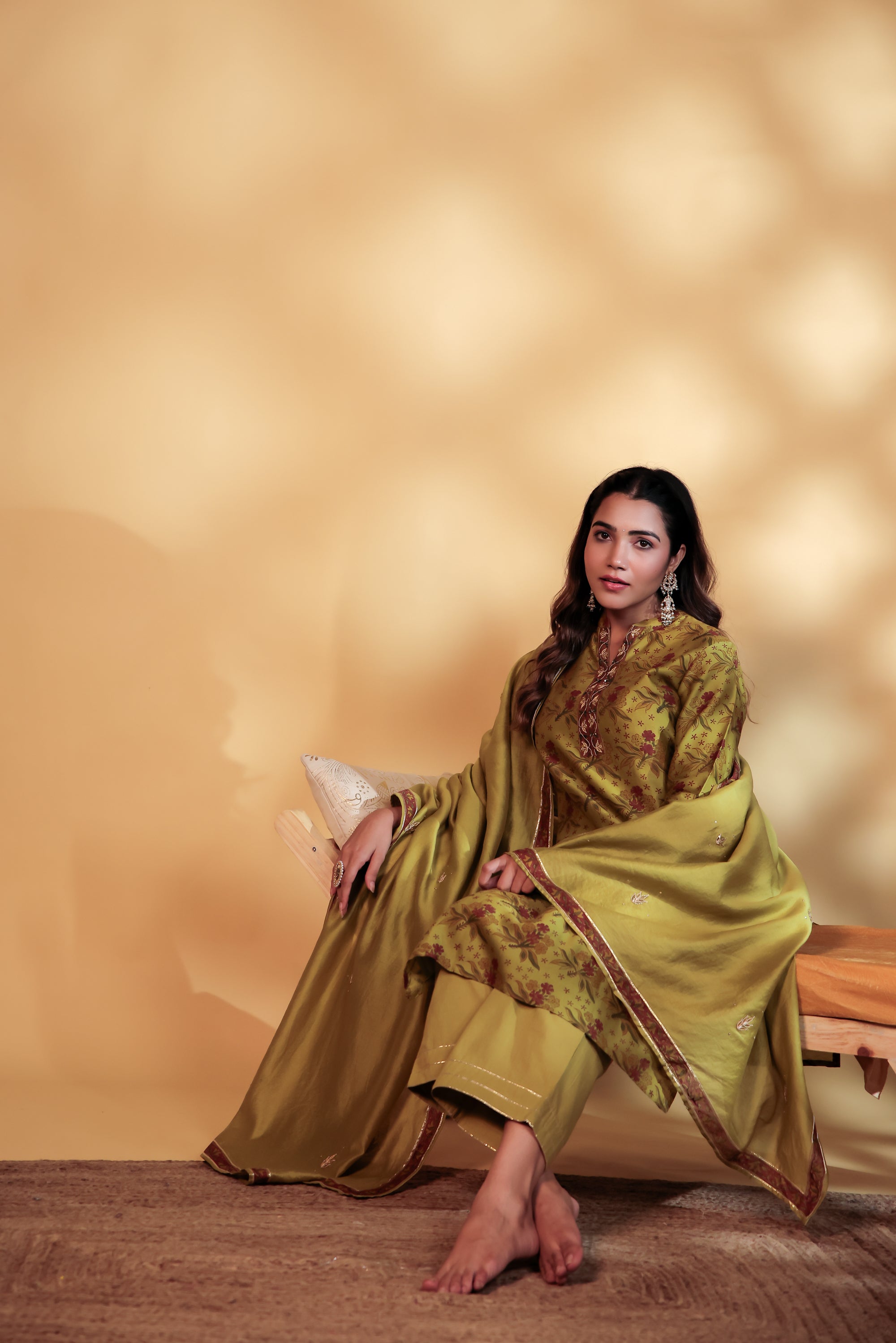 Mahendi Green Chanderi Hand-Block Embroidered Suit Set