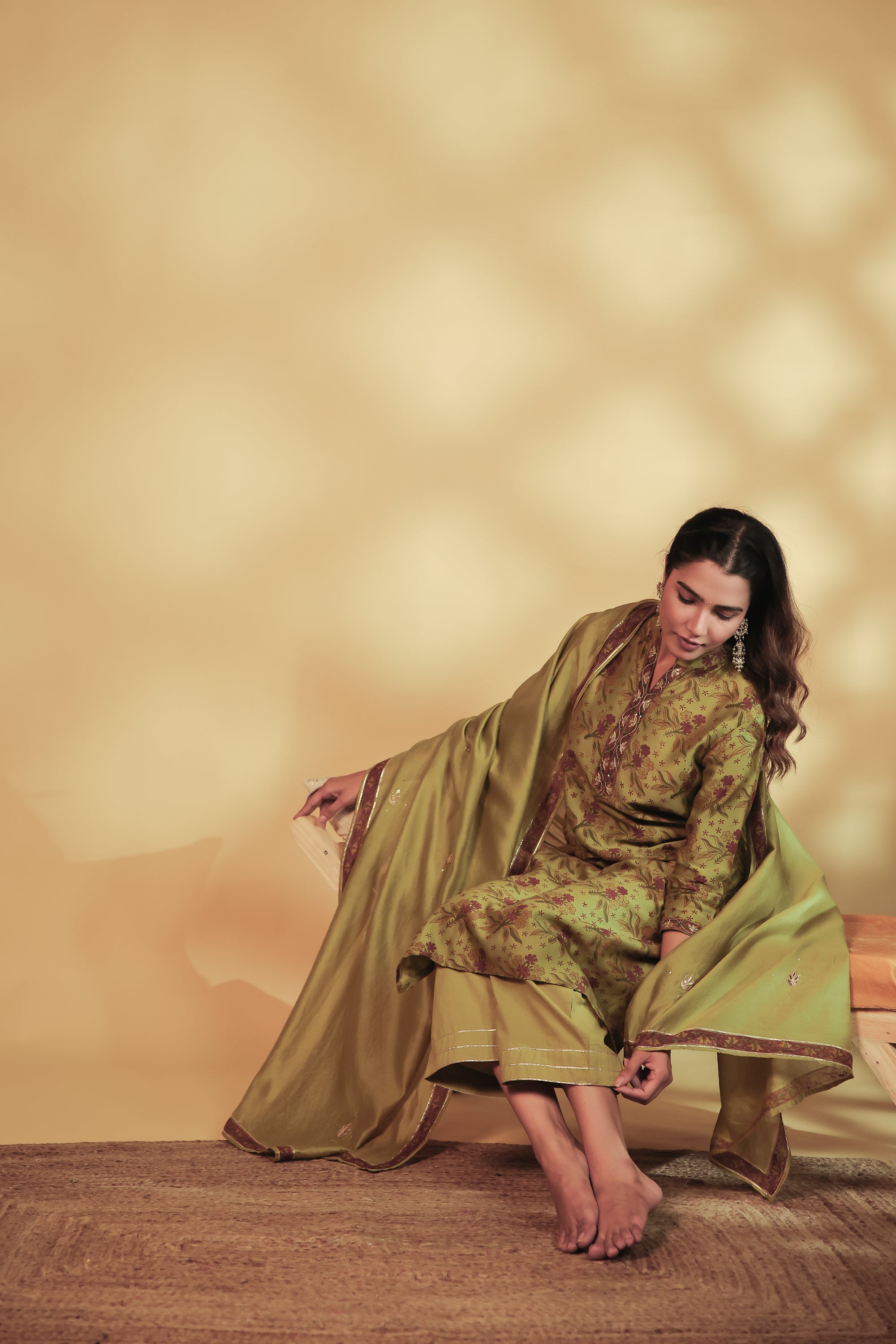 Mahendi Green Chanderi Hand-Block Embroidered Suit Set