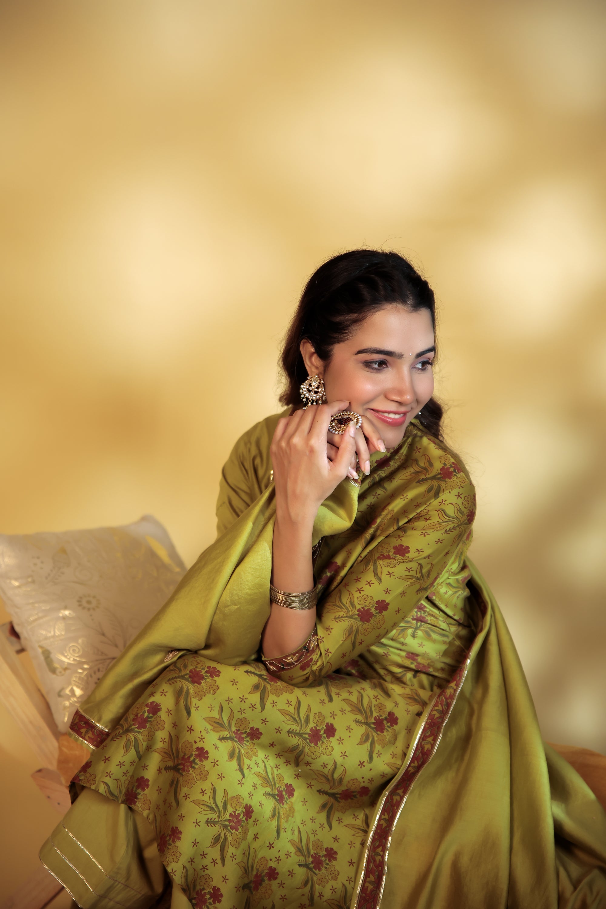 Mahendi Green Chanderi Hand-Block Embroidered Suit Set