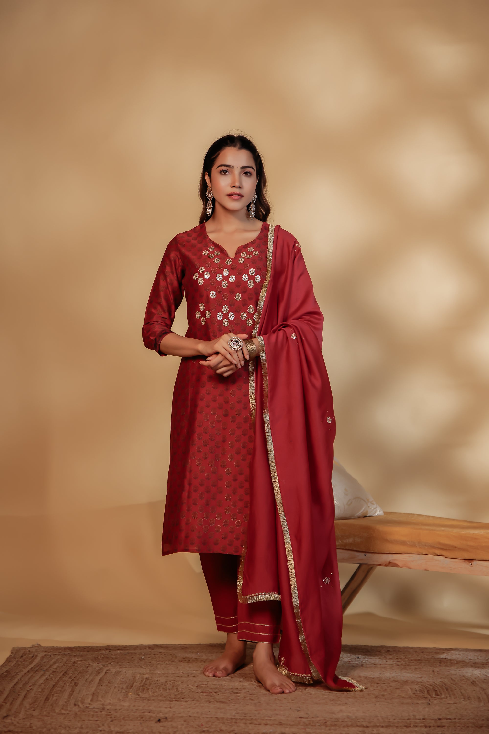 Maroon Chanderi Hand-Embroidered Suit Set