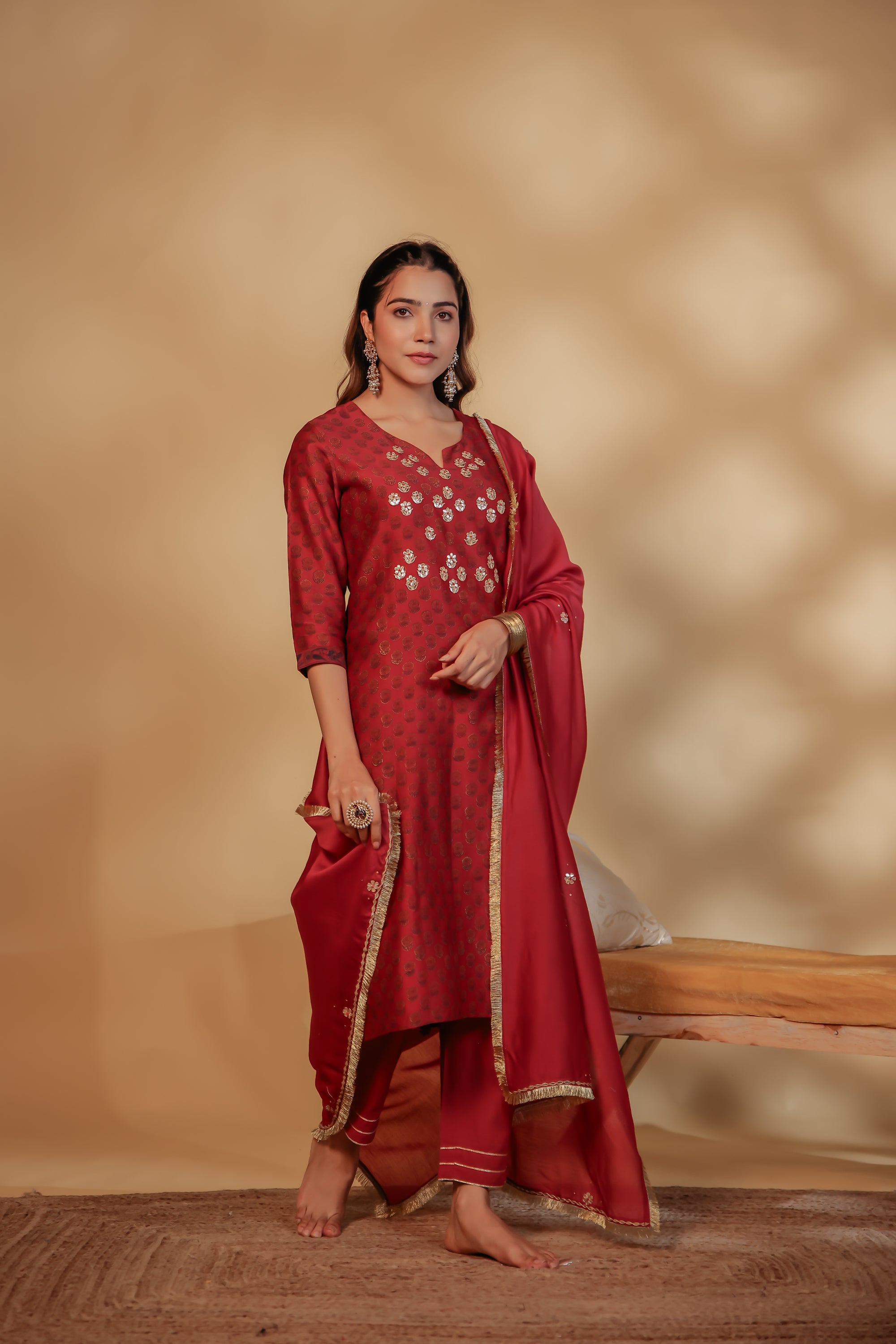 Maroon Chanderi Hand-Embroidered Suit Set