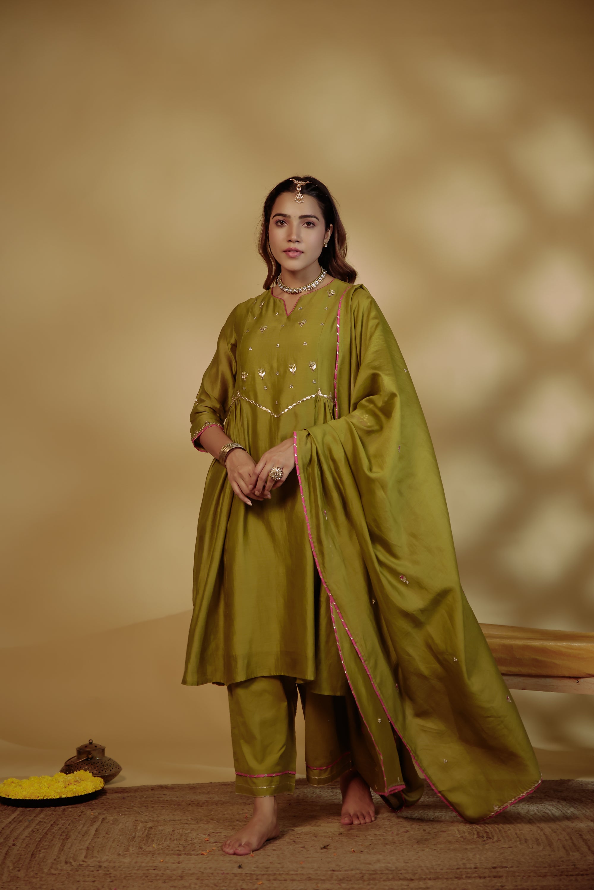 Mahendi Green Hand-Embroidered Chanderi Suit Set