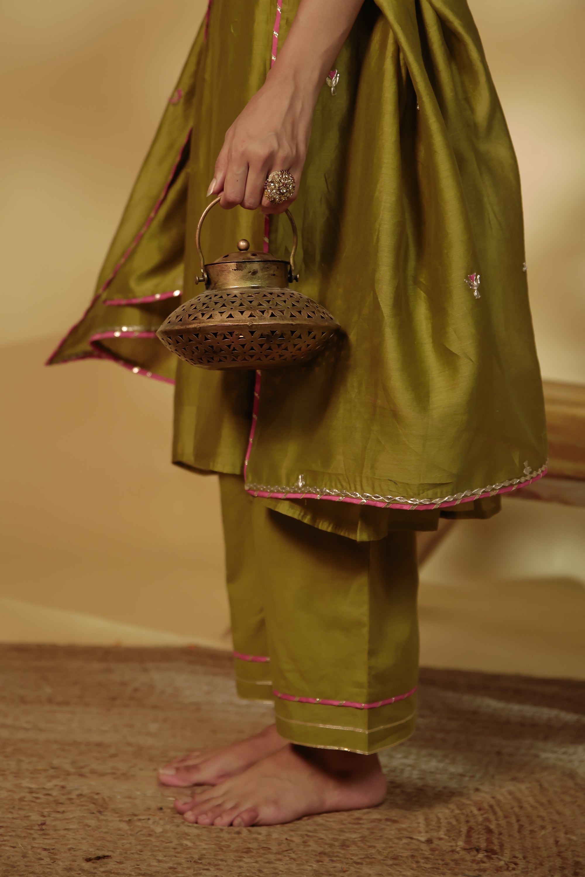 Mahendi Green Hand-Embroidered Chanderi Suit Set
