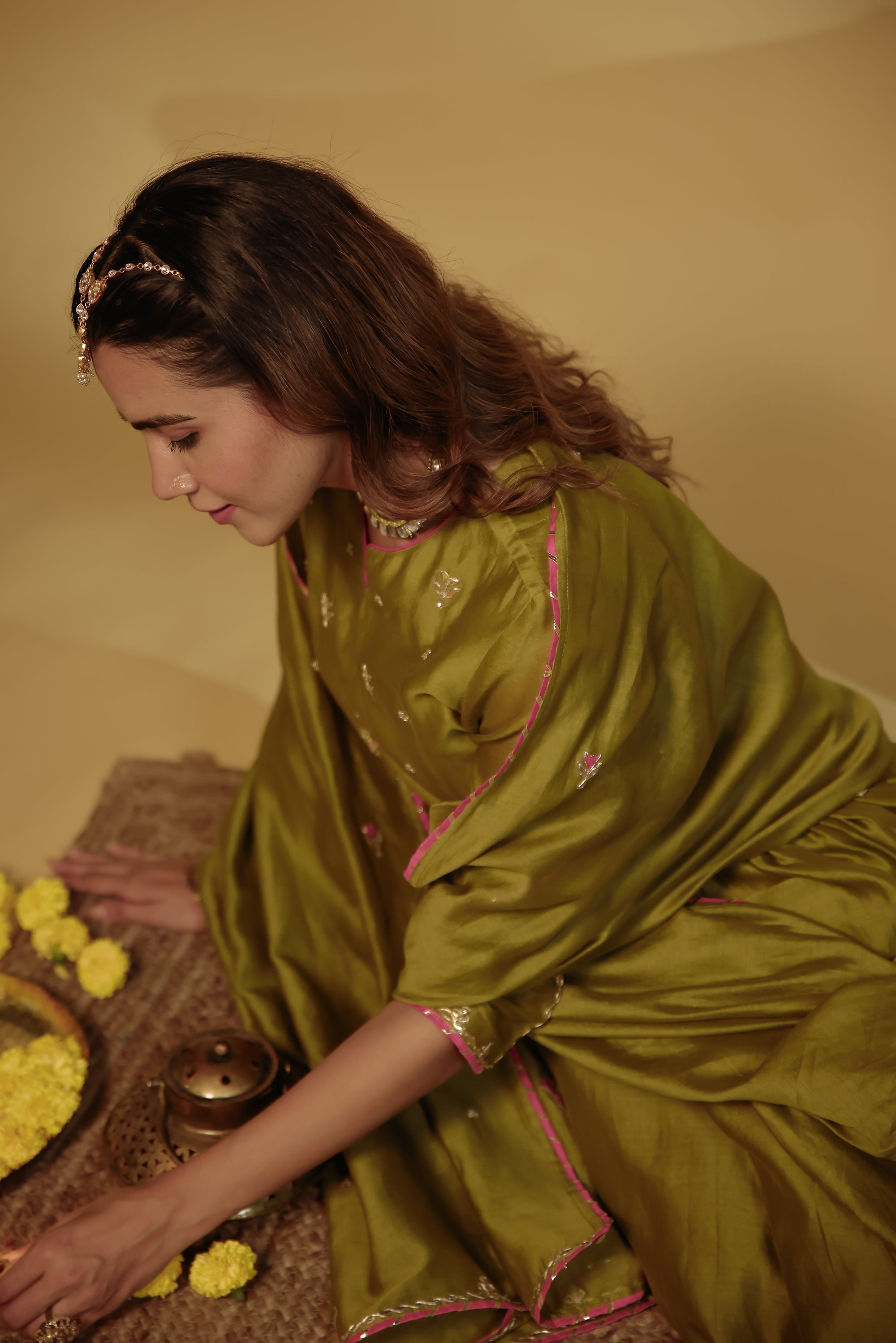 Mahendi Green Hand-Embroidered Chanderi Suit Set