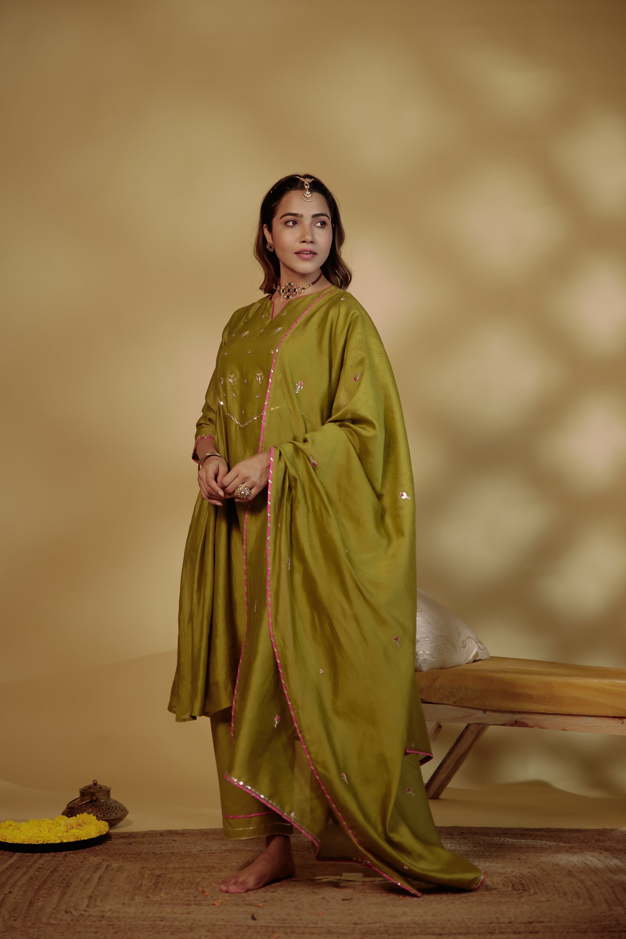 Mahendi Green Hand-Embroidered Chanderi Suit Set