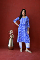 Blue & White Hand Block Embroidered Cotton kurta Pant Set With Mulmul Dupatta