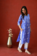 Blue & White Hand Block Embroidered Cotton kurta Pant Set With Mulmul Dupatta