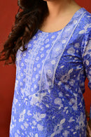 Blue & White Hand Block Embroidered Cotton kurta Pant Set With Mulmul Dupatta