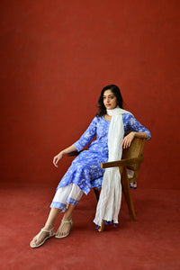 Blue & White Hand Block Embroidered Cotton kurta Pant Set With Mulmul Dupatta