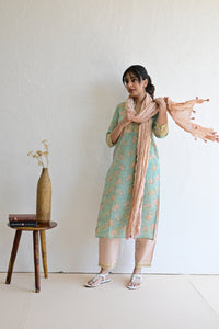 Pastel Green Hand Block  Cotton kurta Pant Set With Mulmul Dupatta