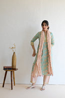 Pastel Green Hand Block  Cotton kurta Pant Set With Mulmul Dupatta