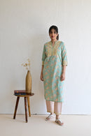Pastel Green Hand Block  Cotton kurta Pant Set With Mulmul Dupatta