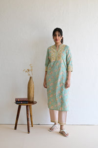 Pastel Green Hand Block  Cotton kurta Pant Set With Mulmul Dupatta