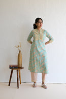 Pastel Green Hand Block  Cotton kurta Pant Set With Mulmul Dupatta
