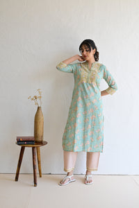 Pastel Green Hand Block  Cotton kurta Pant Set With Mulmul Dupatta