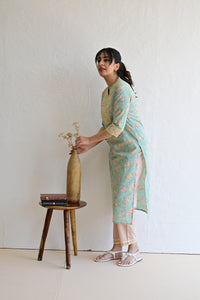 Pastel Green Hand Block  Cotton kurta Pant Set With Mulmul Dupatta