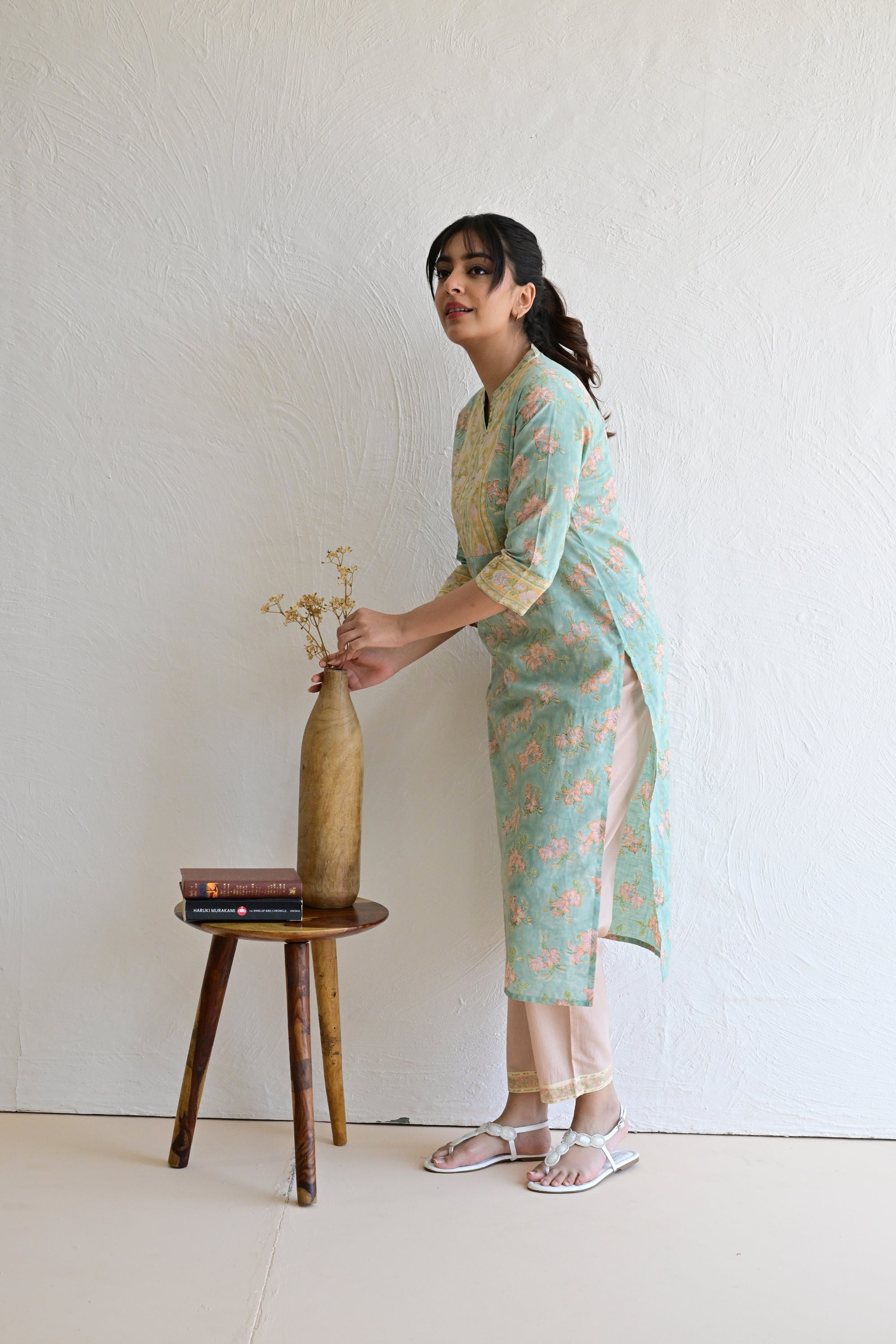 Pastel Green Hand Block  Cotton kurta Pant Set With Mulmul Dupatta