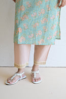 Pastel Green Hand Block  Cotton kurta Pant Set With Mulmul Dupatta
