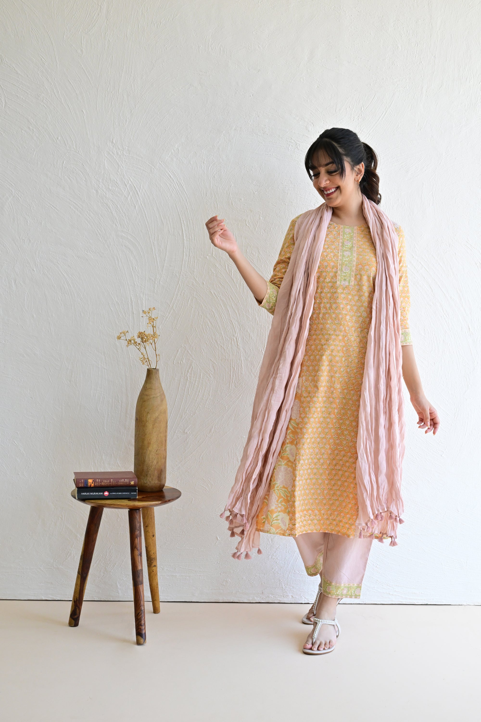 Light Orange Hand Block Cotton kurta Pant Set With Mulmul Dupatta
