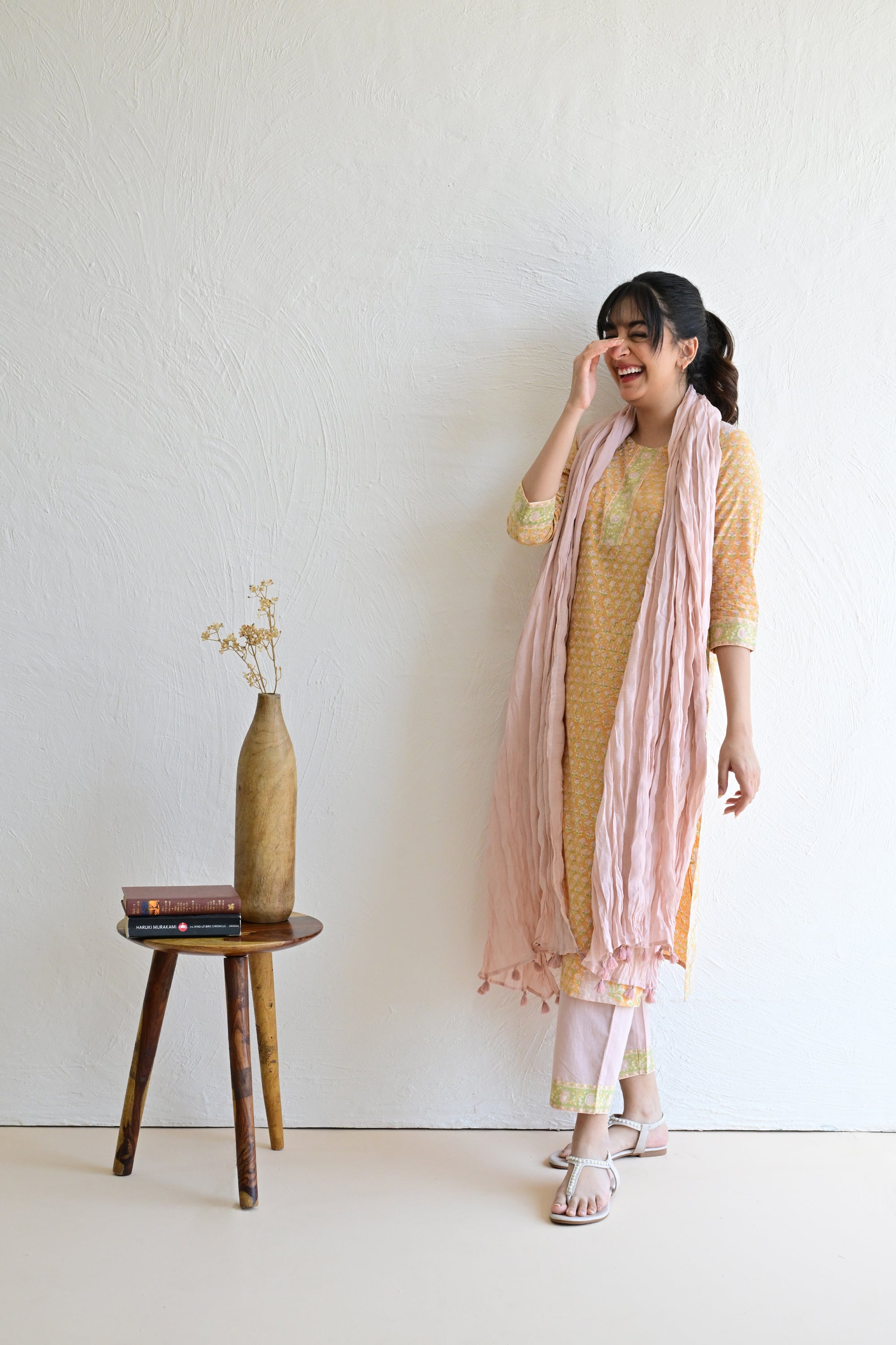 Light Orange Hand Block Cotton kurta Pant Set With Mulmul Dupatta