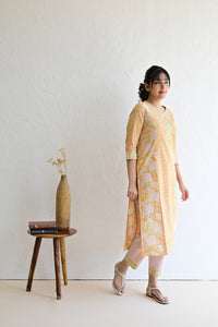Light Orange Hand Block Cotton kurta Pant Set With Mulmul Dupatta